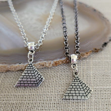 Load image into Gallery viewer, Pyramid Necklace, Your Choice of Gunmetal or Silver Rolo Chain, Machine Cut Stainless Steel Charms, Egyptian Jewelry