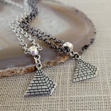 Load image into Gallery viewer, Pyramid Necklace, Your Choice of Gunmetal or Silver Rolo Chain, Machine Cut Stainless Steel Charms, Egyptian Jewelry