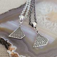 Load image into Gallery viewer, Pyramid Necklace, Your Choice of Gunmetal or Silver Rolo Chain, Machine Cut Stainless Steel Charms, Egyptian Jewelry