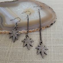 Load image into Gallery viewer, Gunmetal Weed Leaf Earrings - Marijuana Jewelry, Dangle Long Chain Earrings, Stoner Jewelry, Your Choice of Three Lengths