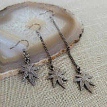 Load image into Gallery viewer, Gunmetal Weed Leaf Earrings - Marijuana Jewelry, Dangle Long Chain Earrings, Stoner Jewelry, Your Choice of Three Lengths