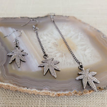 Load image into Gallery viewer, Gunmetal Weed Leaf Earrings - Marijuana Jewelry, Dangle Long Chain Earrings, Stoner Jewelry, Your Choice of Three Lengths
