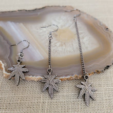 Load image into Gallery viewer, Gunmetal Weed Leaf Earrings - Marijuana Jewelry, Dangle Long Chain Earrings, Stoner Jewelry, Your Choice of Three Lengths
