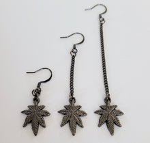 Load image into Gallery viewer, Gunmetal Weed Leaf Earrings - Marijuana Jewelry, Dangle Long Chain Earrings, Stoner Jewelry, Your Choice of Three Lengths