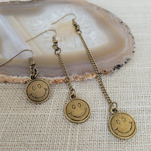Load image into Gallery viewer, Bronze Smiley Face Earrings, Your Choice of Three Lengths, Dangle Drop Chain Earrings