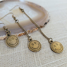 Load image into Gallery viewer, Bronze Smiley Face Earrings, Your Choice of Three Lengths, Dangle Drop Chain Earrings