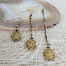 Load image into Gallery viewer, Bronze Smiley Face Earrings, Your Choice of Three Lengths, Dangle Drop Chain Earrings
