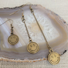 Load image into Gallery viewer, Bronze Smiley Face Earrings, Your Choice of Three Lengths, Dangle Drop Chain Earrings