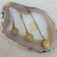Load image into Gallery viewer, Bronze Smiley Face Earrings, Your Choice of Three Lengths, Dangle Drop Chain Earrings