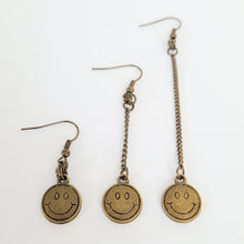 Load image into Gallery viewer, Bronze Smiley Face Earrings, Your Choice of Three Lengths, Dangle Drop Chain Earrings