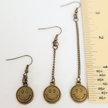 Load image into Gallery viewer, Bronze Smiley Face Earrings, Your Choice of Three Lengths, Dangle Drop Chain Earrings
