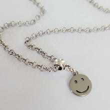 Load image into Gallery viewer, Smiley Face Necklace, Your Choice of Gunmetal or Silver Rolo Chain, Nineties Retro Jewelry