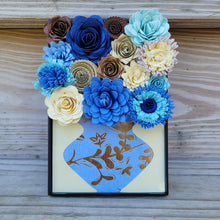 Load image into Gallery viewer, Blue and Gold Flower Filled Vase Frame, Handmade Paper Flowers, 4x6 Black Frame, Nursery Powder Room Decor