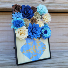 Load image into Gallery viewer, Blue and Gold Flower Filled Vase Frame, Handmade Paper Flowers, 4x6 Black Frame, Nursery Powder Room Decor