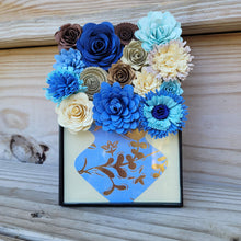 Load image into Gallery viewer, Blue and Gold Flower Filled Vase Frame, Handmade Paper Flowers, 4x6 Black Frame, Nursery Powder Room Decor