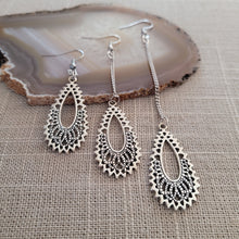 Load image into Gallery viewer, Paisley Filligree Earrings, Your Choice of Three Lengths, Dangle Drop Chain Earrings