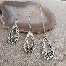 Load image into Gallery viewer, Paisley Filligree Earrings, Your Choice of Three Lengths, Dangle Drop Chain Earrings