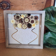 Load image into Gallery viewer, Brown Flower Filled Vase Shadow Box, Handmade Paper Flowers 9x9 Woodgrain Shadow Box, Nursery Powder Room Decor