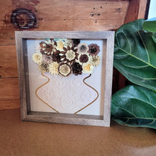 Load image into Gallery viewer, Brown Flower Filled Vase Shadow Box, Handmade Paper Flowers 9x9 Woodgrain Shadow Box, Nursery Powder Room Decor