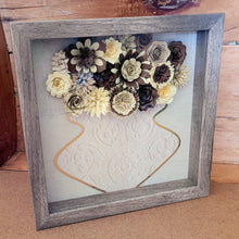 Load image into Gallery viewer, Brown Flower Filled Vase Shadow Box, Handmade Paper Flowers 9x9 Woodgrain Shadow Box, Nursery Powder Room Decor