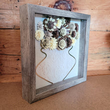 Load image into Gallery viewer, Brown Flower Filled Vase Shadow Box, Handmade Paper Flowers 9x9 Woodgrain Shadow Box, Nursery Powder Room Decor