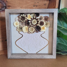 Load image into Gallery viewer, Brown Flower Filled Vase Shadow Box, Handmade Paper Flowers 9x9 Woodgrain Shadow Box, Nursery Powder Room Decor