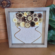 Load image into Gallery viewer, Brown Flower Filled Vase Shadow Box, Handmade Paper Flowers 9x9 Woodgrain Shadow Box, Nursery Powder Room Decor