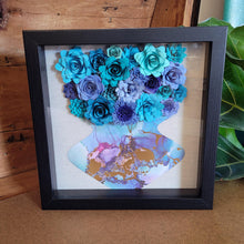 Load image into Gallery viewer, Blue Flower Filled Vase Shadow Box, Handmade Paper Flowers 9x9 Black Shadow Box, Nursery Powder Room Decor, Wall Art
