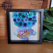 Load image into Gallery viewer, Blue Flower Filled Vase Shadow Box, Handmade Paper Flowers 9x9 Black Shadow Box, Nursery Powder Room Decor, Wall Art