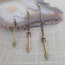 Load image into Gallery viewer, Bronze Arrow Earrings, Your Choice of Three Lengths, Dangle Drop Chain Earrings