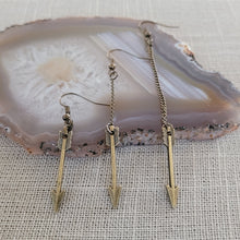 Load image into Gallery viewer, Bronze Arrow Earrings, Your Choice of Three Lengths, Dangle Drop Chain Earrings