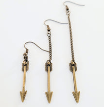 Load image into Gallery viewer, Bronze Arrow Earrings, Your Choice of Three Lengths, Dangle Drop Chain Earrings