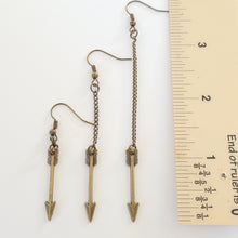 Load image into Gallery viewer, Bronze Arrow Earrings, Your Choice of Three Lengths, Dangle Drop Chain Earrings