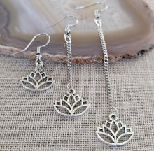 Load image into Gallery viewer, Silver Lotus Earrings, Your Choice of Three Lengths, Dangle Drop Chain Earrings