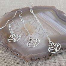 Load image into Gallery viewer, Silver Lotus Earrings, Your Choice of Three Lengths, Dangle Drop Chain Earrings