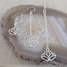 Load image into Gallery viewer, Silver Lotus Earrings, Your Choice of Three Lengths, Dangle Drop Chain Earrings
