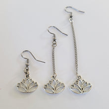 Load image into Gallery viewer, Silver Lotus Earrings, Your Choice of Three Lengths, Dangle Drop Chain Earrings