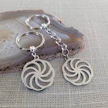 Load image into Gallery viewer, Wheel of Eternity Keychain, Backpack or Purse Charm, Zipper Pull, Stainless Steel Kolovrat Charm