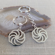 Load image into Gallery viewer, Wheel of Eternity Keychain, Backpack or Purse Charm, Zipper Pull, Stainless Steel Kolovrat Charm