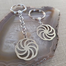 Load image into Gallery viewer, Wheel of Eternity Keychain, Backpack or Purse Charm, Zipper Pull, Stainless Steel Kolovrat Charm