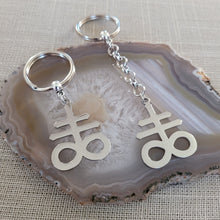 Load image into Gallery viewer, Leviathan Cross Keychain, Backpack or Purse Charm, Zipper Pull, Stainless Steel Charm, Satanic Cross