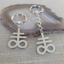 Load image into Gallery viewer, Leviathan Cross Keychain, Backpack or Purse Charm, Zipper Pull, Stainless Steel Charm, Satanic Cross