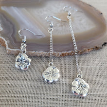 Load image into Gallery viewer, Silver Hibiscus Earrings, Your Choice of Three Lengths, Dangle Drop Chain Earrings