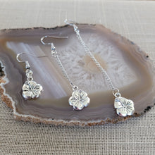 Load image into Gallery viewer, Silver Hibiscus Earrings, Your Choice of Three Lengths, Dangle Drop Chain Earrings
