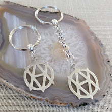 Load image into Gallery viewer, Vegan Anarchism Keychain, Backpack or Purse Charm, Zipper Pull, Stainless Steel Charm, Vegetarian Anarchist Key Ring