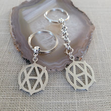 Load image into Gallery viewer, Vegan Anarchism Keychain, Backpack or Purse Charm, Zipper Pull, Stainless Steel Charm, Vegetarian Anarchist Key Ring