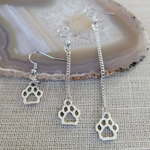 Load image into Gallery viewer, Cat or Dog Paw Earrings, Your Choice of Three Lengths, Dangle Drop Chain Earrings
