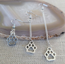 Load image into Gallery viewer, Cat or Dog Paw Earrings, Your Choice of Three Lengths, Dangle Drop Chain Earrings