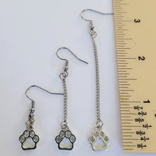 Load image into Gallery viewer, Cat or Dog Paw Earrings, Your Choice of Three Lengths, Dangle Drop Chain Earrings