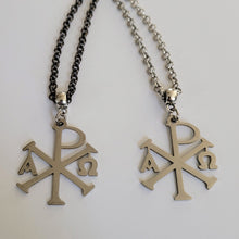 Load image into Gallery viewer, Alpha and Omega Cross Necklace, Your Choice of Gunmetal or Silver Rolo Chain, Chi Rho Constantine Jewelry